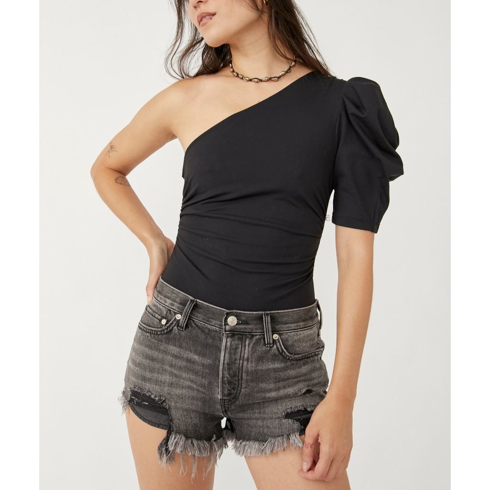 Free People One-Shoulder Puff Sleeve Bodysuit in Black